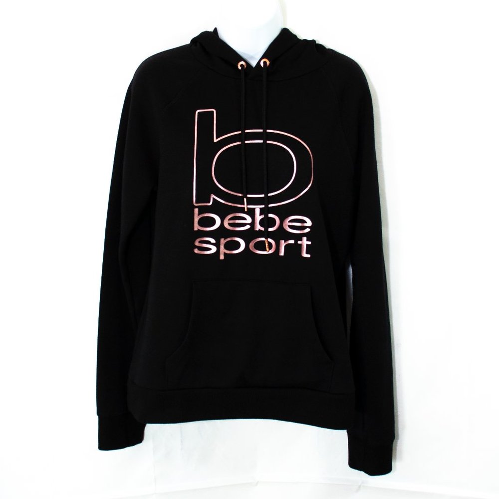 Bebe Sport Black Hoodie Medium Rose Gold B Logo Pullover Sweatshirt